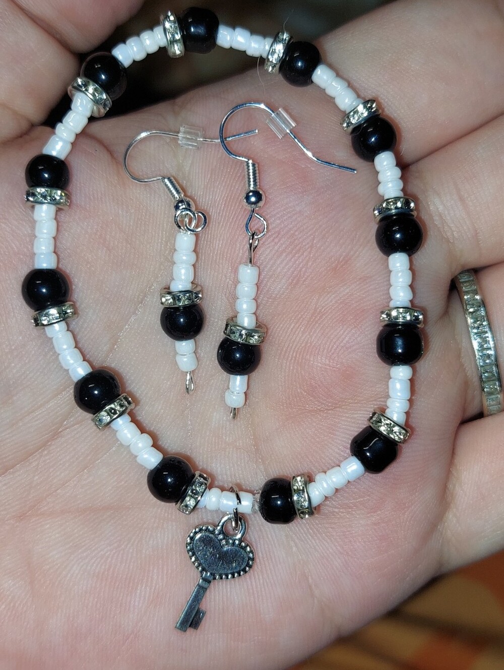 Handmade Glass Black & White Beaded Bracelet and Earrings Set with Key Charm